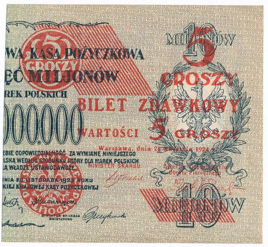 Banknot. Bilet zdawkowy 5 groszy 1924 PRAWY